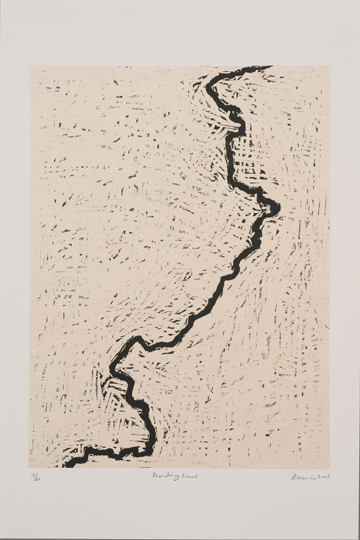 Zarina, <em>Dividing Line</em>. 2001<br>
Woodcut printed on handmade paper, image: 40.6 x 33 cm.<br>
Photo: Courtesy Robert Wedemeyer & Solomon R. Guggenheim Museum<br>
Exhibition: Zarina: Paper Like Skin<br>
Solomon R. Guggenheim Museum<br>
ACAW 2013<br>
