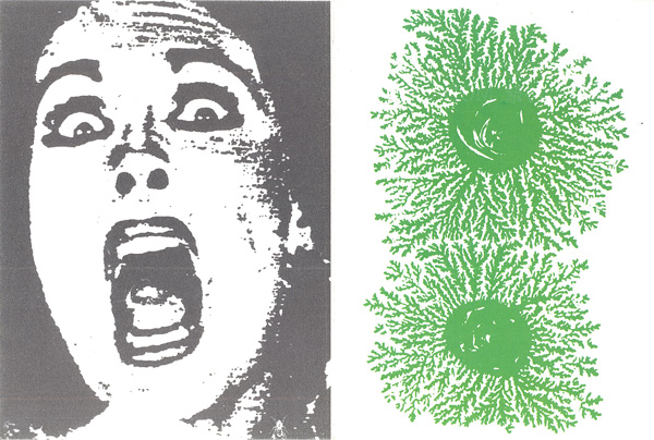 Stefan Eins
<br><em>10 Snuff</em>
<br>Collage on wood
<br><em>Growth</em>
<br>Gesso on wood
<br>Exhibition invitation
<br>Curated by Leeza Ahmady at the Tunnel, 1997
