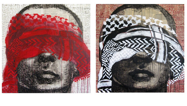 Ayad Alkhadi
<br><em>"I am Baghdad" Series, Nos. 11 and 12</em>, 2008/9, Charcoal and acrylic on Arabic newspaper on canvas, Each panel 48 x 48 inches
<br>Courtesy of the artist