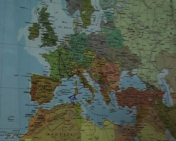 Bouchra Khalil
<br><em>Mapping Journey 1, Mapping Journey 2</em>, 2008, Video, color and sound, 4:30 minutes and 3 minutes
<br>Courtesy of the artist
