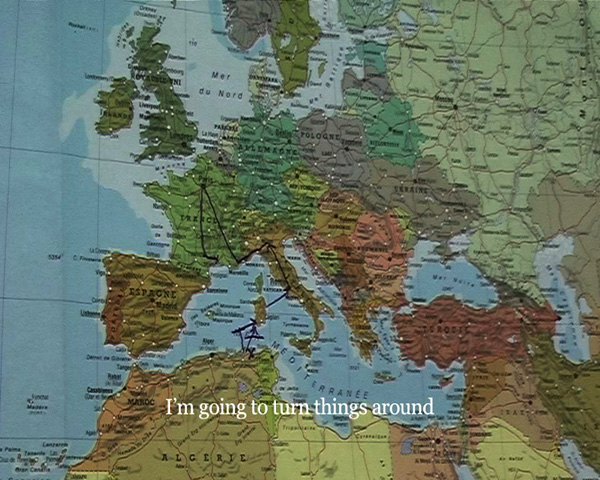 Bouchra Khalil
<br><em>Mapping Journey 1, Mapping Journey 2</em>, 2008, Video, color and sound, 4:30 minutes and 3 minutes
<br>Courtesy of the artist