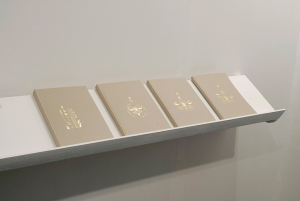 <center>Nazgol Ansarinia
<br><em>NSS Book Series</em>, 2009, Printed paper bound with foil embossed cover, 21 x 29.7 x 2.5 cm
<br>Courtesy of the artist and Green Cardamom</center>