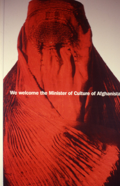 Roya Ghiasy
<br><em>We welcome the Minister of Culture of Afghanistan</em>, 2001
<br>Poster project/Installation
<br>Unofficially organized parallel to the events of the 2001 Venice Biennale
<br>Organized by Leeza Ahmady and Roya Ghiasy