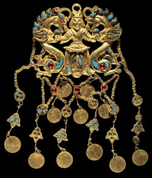 <i>Pendant of " Dragon Master,"</i> 1st century A.D.
                                        <br>Gold, turquise, garnet, lapis lazuli, canelian and pearl
                                        <br>Courtesy of the Smithsonian Institute